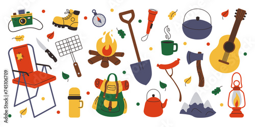 Camping sticker. Hiking boots. Scout backpack. Camp compass. Travel lifestyle. Campsite bonfire. Camera and guitar. Mountain nature. Vintage design. Lounge chair icon. Vector tidy vacation objects set