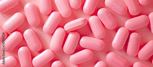 A pile of pink pills sits neatly arranged on top of a table, against a pristine white background. The pills are packed tightly together, creating a visually striking image.
