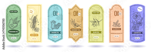 Oil label design. Flaxseed packaging. Peanut protein. Corn and avocado logo. Decorative sketch badge. Sesame and sunflower seeds. Diet keto icon. Advertising sticker template. Vector tidy prints set