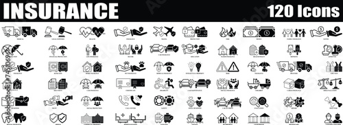 Insurance and Assurance Black and white icon set. Editable Set of 120 Insurance and Assurance web icons in line & fill style. High quality business icon set of Insurance