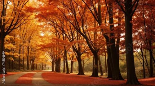 Peaceful forest path surrounded by tall trees featuring fiery autumn leaves 