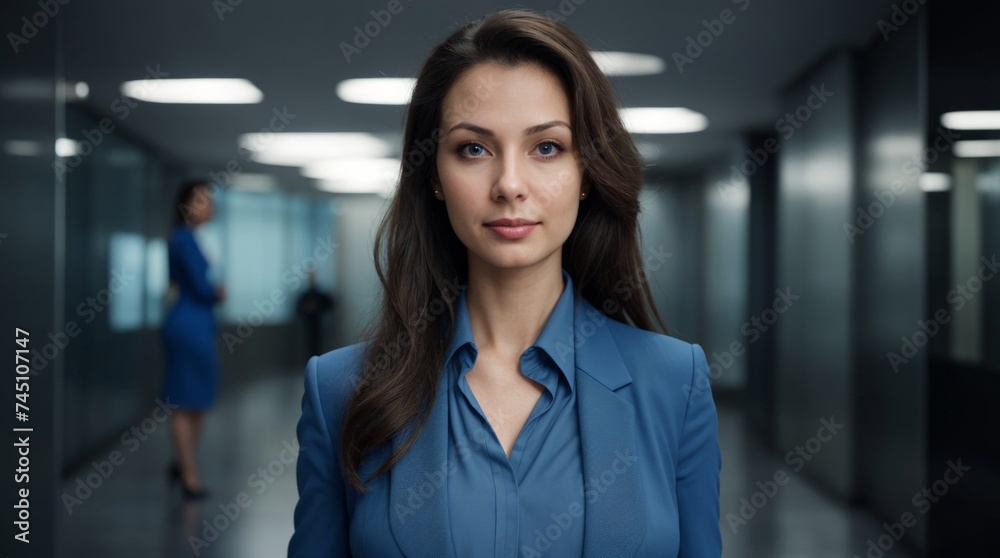 Poised lady in blue attire stands confidently in a modern office hallway