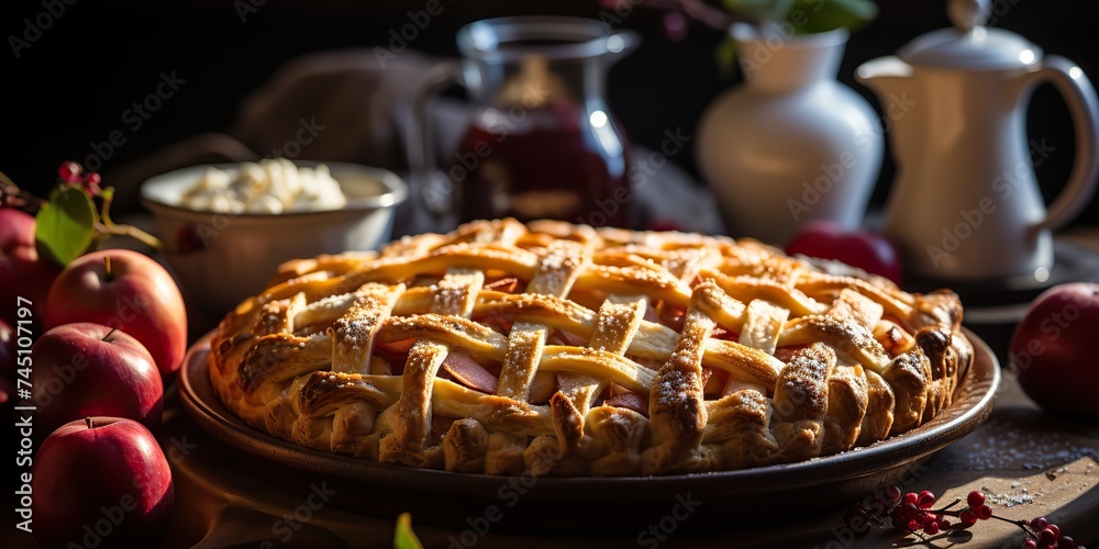 Traditional apple pie baked food natural desert culinary recept scene - obrazy, fototapety, plakaty 