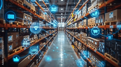 smart warehouse management system, featuring interconnected IoT devices that enable a seamless flow of information and facilitate predictive maintenance .