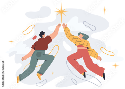 People reaching out for the star. Teamwork, striving for goal, target aspiration, competition concept. Hand drawn vector cartoon style illustration