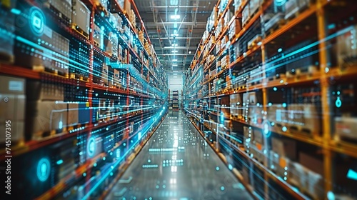 smart warehouse management system, featuring interconnected IoT devices that enable a seamless flow of information and facilitate predictive maintenance . photo