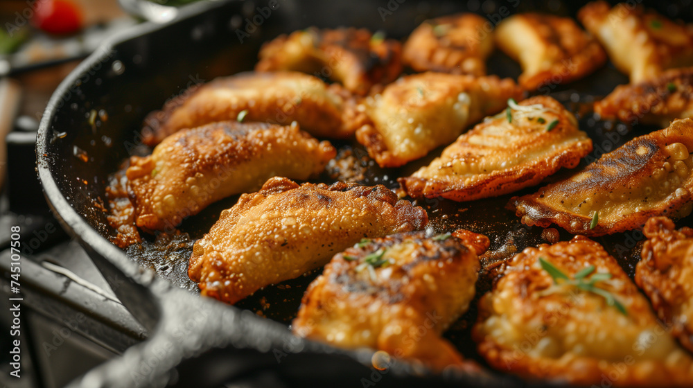Fried dumplings on a cast iron ski Fried dumplings on a cast iron ski