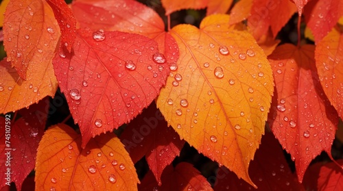 Radiant red and orange leaves bedecked with luminous water droplets  photo