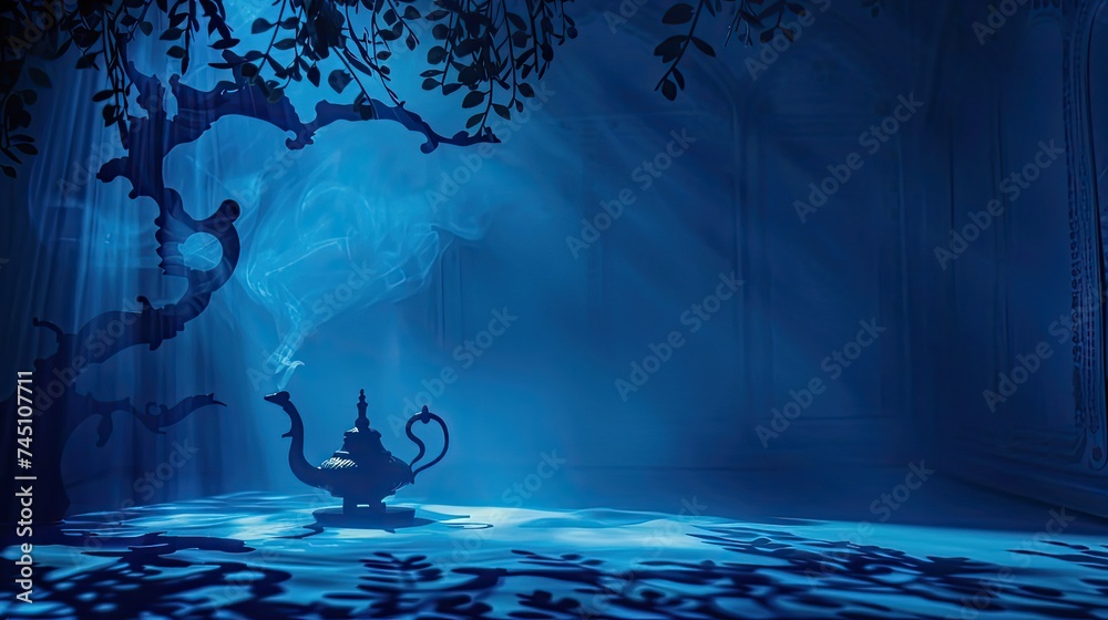 the magic lamp in the center, arabian theme, a little bit silhouette theme , blue color shadow - obrazy, fototapety, plakaty 