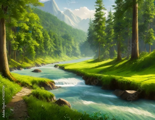 A painting of a river running through a lush green forest filled with lots of green grass