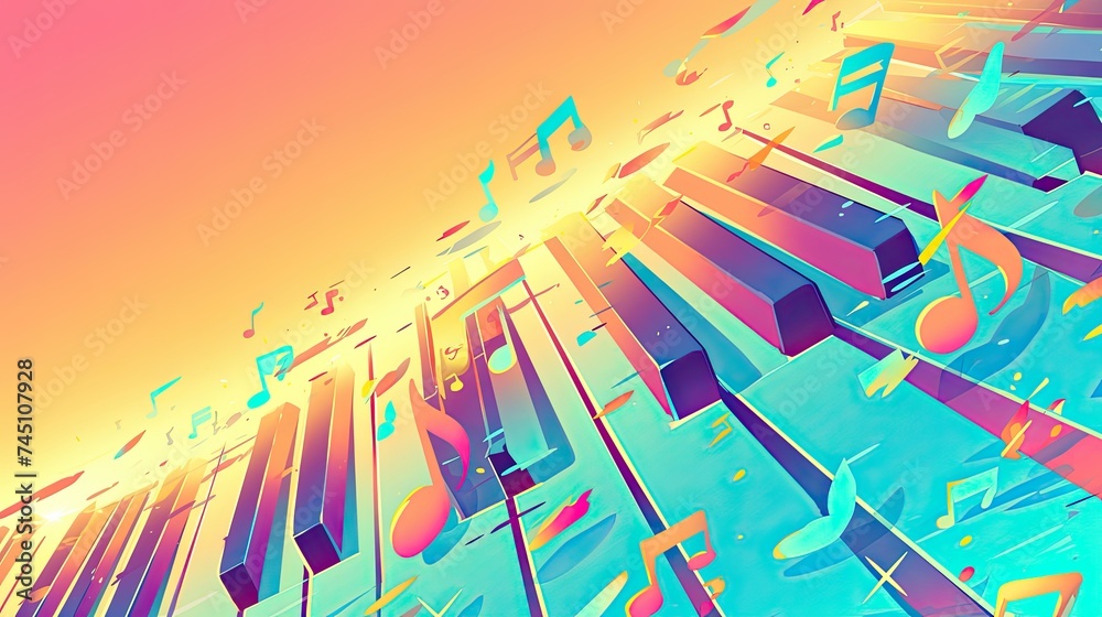 There are many musical notes in the air, with a piano in the middle, a gradient style pattern There are many musical notes in the air, with a piano in the middle, a gradient style pattern