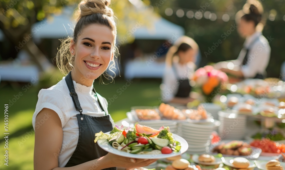 Waitress female catering a fresh delicious food  and serving on wedding