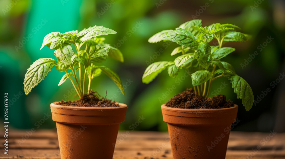 Growing mint seedlings in brown plastic pots. Young green fresh spicy sprouts on dark background. Young small plants in pots. Concept of gardening, farming, growing vegetables and herbs. Copy space.