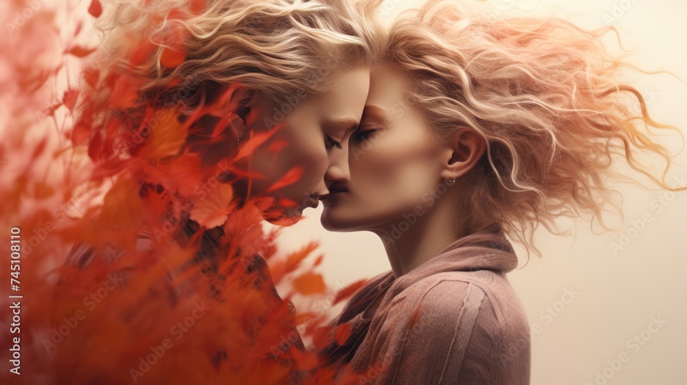 Romantic portrait lesbian couple embracing each other