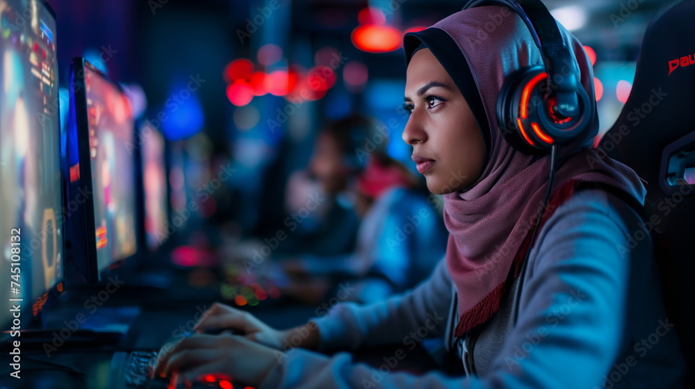 Obraz premium Muslim young woman playing video games in cybersports club neon lights on background, modern , generative ai, neutral face, concentrated
