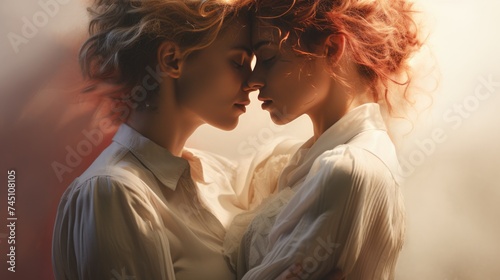 Romantic portrait lesbian couple embracing each other