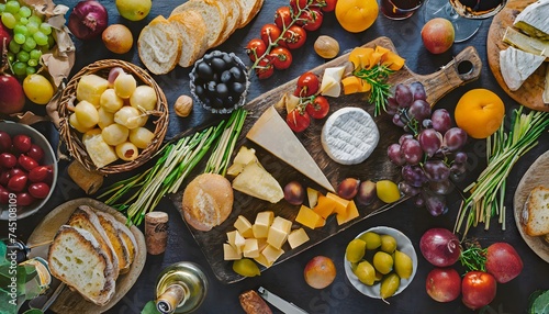 Zenith view of an old dark wooden table with fruit and vegetables, bread and cheeses.