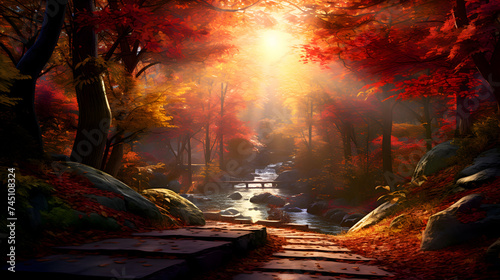 A winding path meandering through a picturesque woodland, adorned with the fiery glow of autumn leaves fluttering in the crisp, cool air of the season