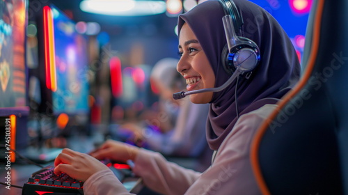Muslim young woman playing video games in cybersports club neon lights on background, modern , generative ai, neutral face, happy and smiling