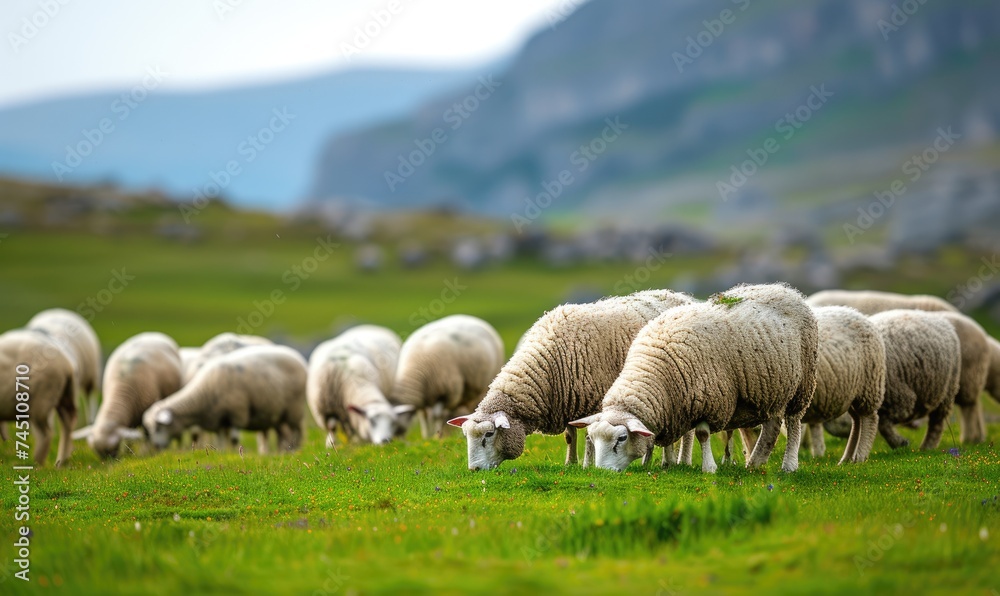 Fototapeta premium Meadow with grazing sheeps at Sunset light in background.