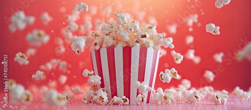 A red and white striped bucket filled with popcorn, ready to be enjoyed. The popcorn is fluffy and freshly popped, contrasting against the colorful stripes of the container. photo