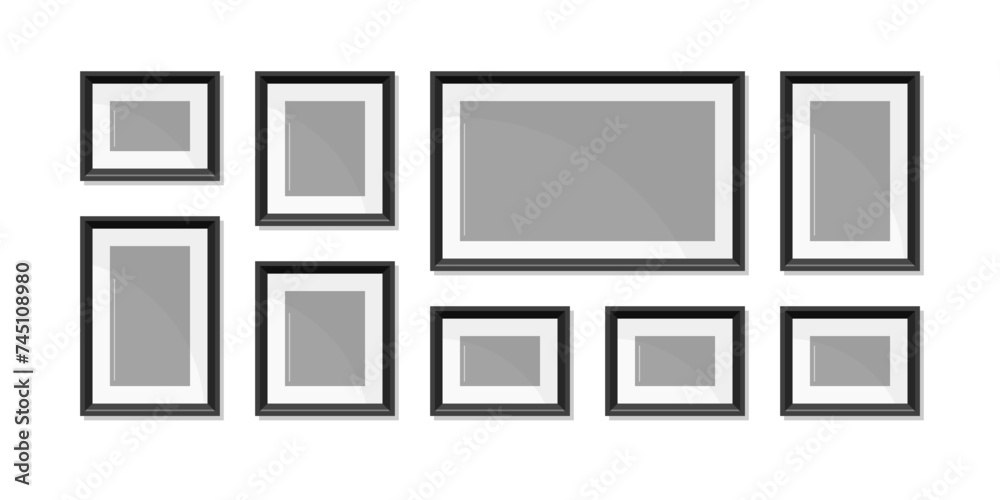 Blank picture frames for photo or paintings on wall. Gallery template with rectangle posters with black borders and glass. Empty photography frames collage, vector cartoon illustration Blank picture frames for photo or paintings on wall. Gallery template with rectangle posters with black borders and glass. Empty photography frames collage, vector cartoon illustration
