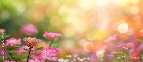 A variety of colorful flowers scattered across green grass, with a blurred garden background, illuminated by sunlight and creating bokeh effect.