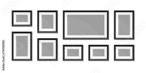 Blank picture frames for photo or paintings on wall. Gallery template with rectangle posters with black borders and glass. Empty photography frames collage, vector cartoon illustration