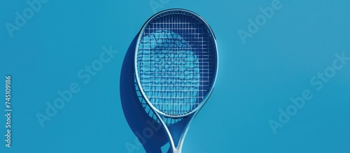 A detailed view of a tennis racket laying on a vibrant blue background, showcasing the intricate design and texture of the sports equipment. © TheWaterMeloonProjec