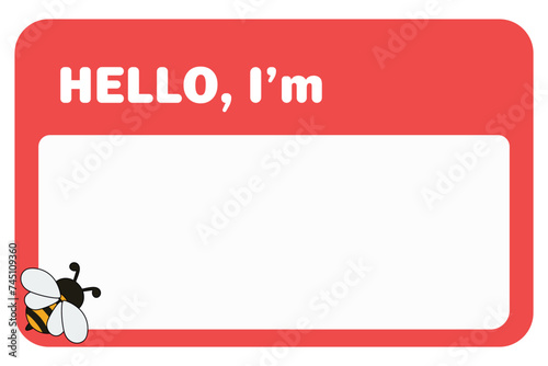 Red vector "HELLO, I'm" label with bee sticker isolated on white background.