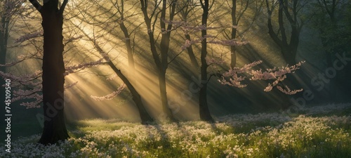 Sunlight streams through petals in a peaceful foggy woods at morning 