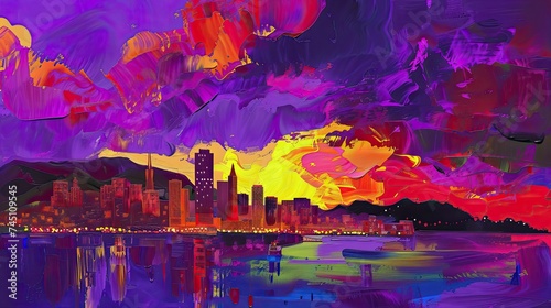 purple sky art.Skyscrapers view above clouds at sunset