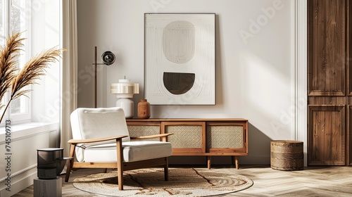 trendy mid century minimalistic graphic art, neutral color boho