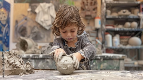 A young child deeply focused on moulding a piece of clay - AI Generated Digital Art