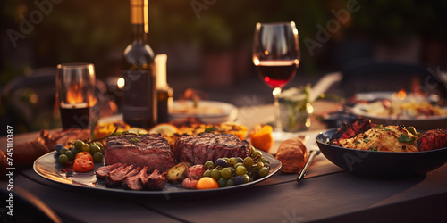 Backyard dinner table  tasty grilled BBQ meat. Picnic  party  festive table  birthday  celebration.