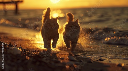Under the setting sun, Two cats run freely on the beach