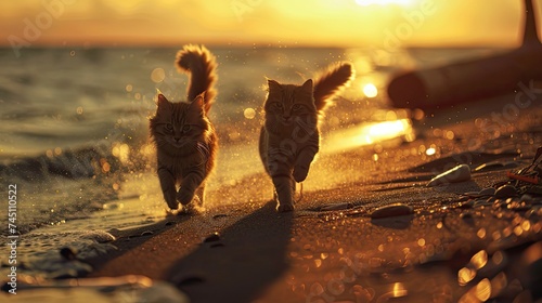 Under the setting sun, Two cats run freely on the beach photo