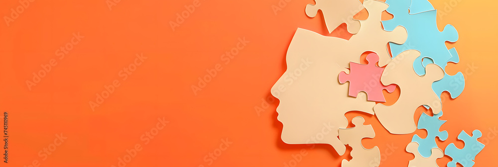 Paper human head with puzzle pieces on orange background with space for text. Logic concept