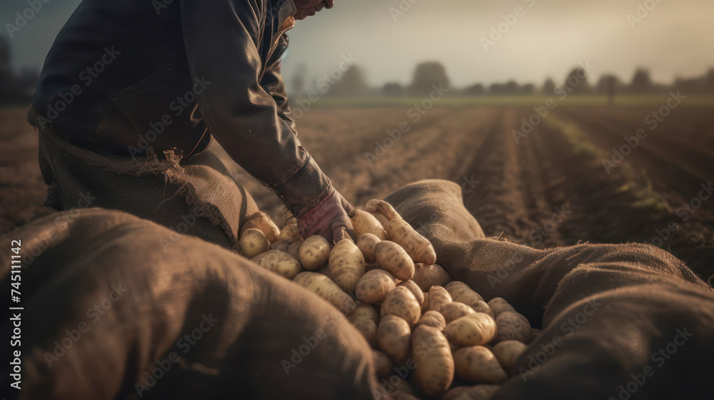 planting and picking potatoes senior man picking potatoes. Created with AI.