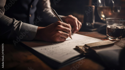 hand with pen writing signing contract. Created with AI