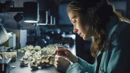 Geologist woman in laboratory. Created with AI