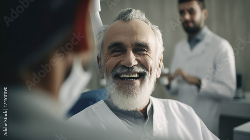 Senior man with beard smiling at the dentist. Created with AI