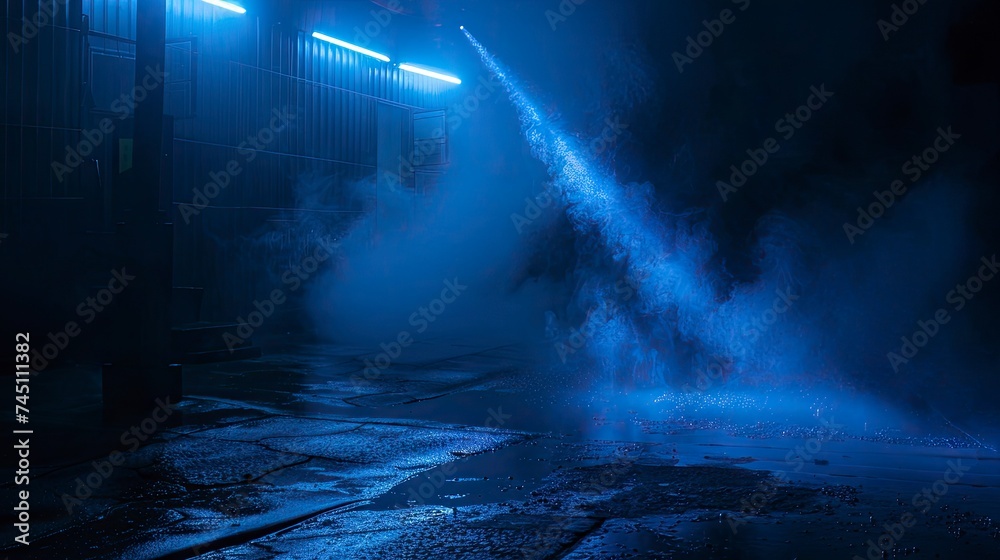 Dark empty scene, blue neon searchlight light, wet asphalt, smoke, night view, rays - generative ai Dark empty scene, blue neon searchlight light, wet asphalt, smoke, night view, rays - generative ai