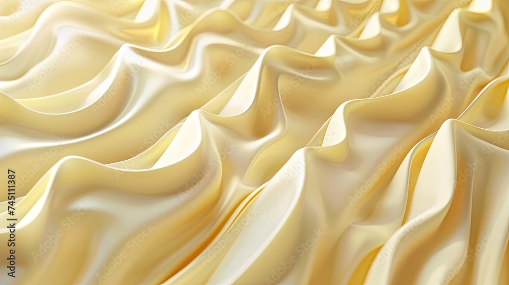 Waves made of butter, like ocean waves, three-dimensional side view, rendering, c4d, bleader, high-end background, cream color, soft yellow, freeze frame, cheese - obrazy, fototapety, plakaty 