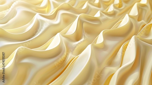 Waves made of butter, like ocean waves, three-dimensional side view, rendering, c4d, bleader, high-end background, cream color, soft yellow, freeze frame, cheese photo