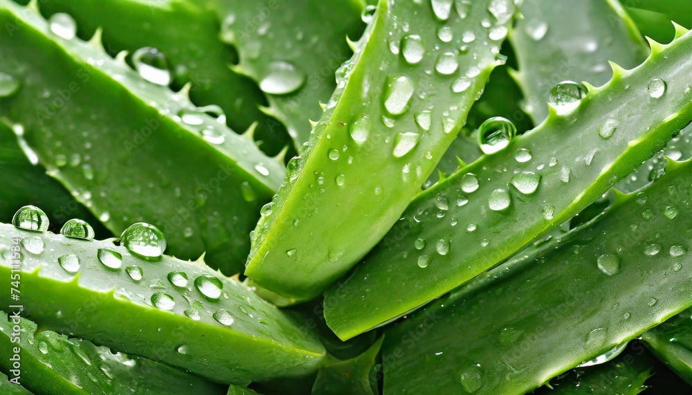 Close-up of fresh green aloe vera leaves with water drops. Natural hydration. Close-up of fresh green aloe vera leaves with water drops. Natural hydration.