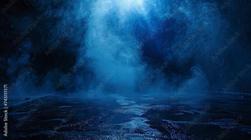 Dark empty scene, blue neon searchlight light, wet asphalt, smoke, night view, rays - generative ai Dark empty scene, blue neon searchlight light, wet asphalt, smoke, night view, rays - generative ai