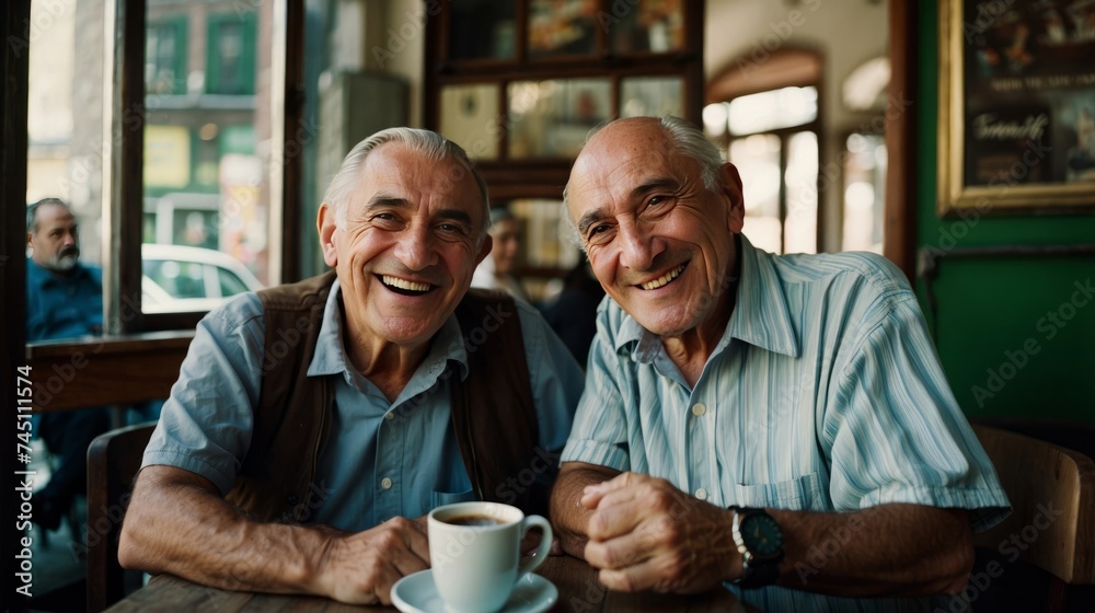 Mediterranean lifestyle. Two old, smiling Italian men sitting in a stylish, old Italian coffee shop. Generative AI.. Mediterranean lifestyle. Two old, smiling Italian men sitting in a stylish, old Italian coffee shop. Generative AI..