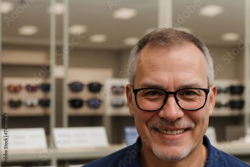 Middle-aged man buying glasses at the eyeglasses store. He is happy with his new glasses.