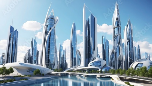 Green Eco city concept art. Eco friendly city concept. Generative AI.